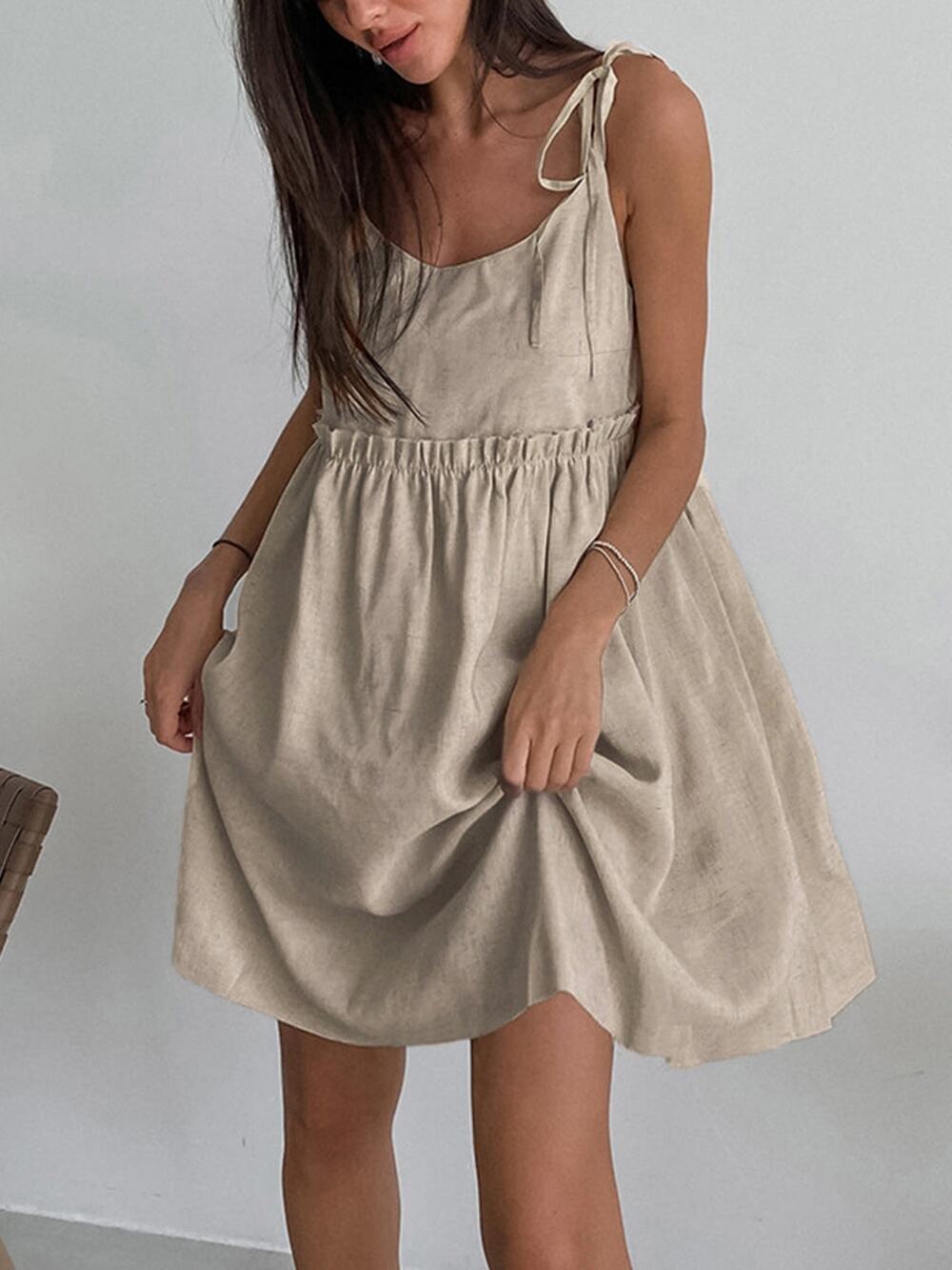 Commense Cottage Boho Tan Levanzo Tied Shoulder Cotton Linen Dress Casual XS